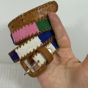 Vintage Multicolor Woven Leather Trim Belt Size 32 Boho Southwestern Handmade